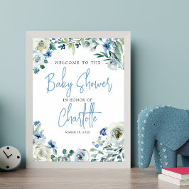 Elegante Blue Floral Spring Baby Dusche Willkommen Poster
