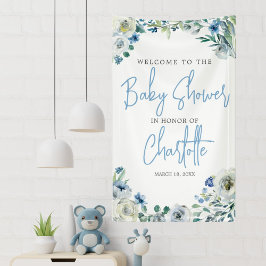 Elegante Blue Floral Spring Welcome Baby Dusche Banner