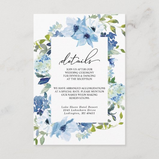 Elegante Blue Floral Wedding Card Begleitkarte (Vorderseite)