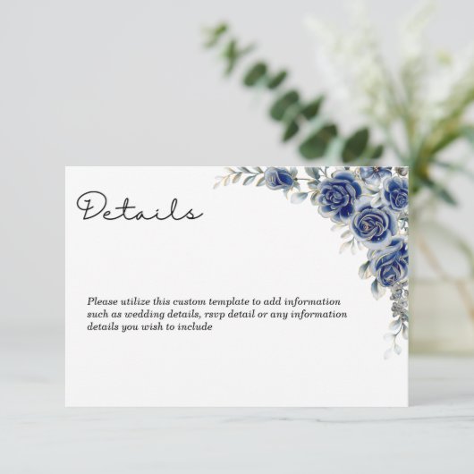 Elegante Blue Floral Wedding Cards Begleitkarte (Stehend Vorderseite)