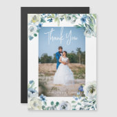 Elegante Blue Floral Wedding Foto Magnet Card (Vorne/Hinten)