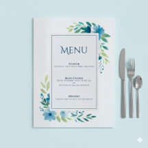 Elegante Blue Floral Wedding Menu Card
