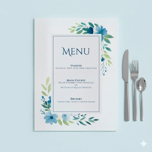 Elegante Blue Floral Wedding Menu Card Menükarte