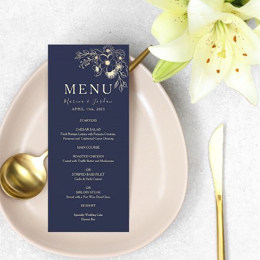 Elegante Blue Floral Wedding Menu Card Menükarte