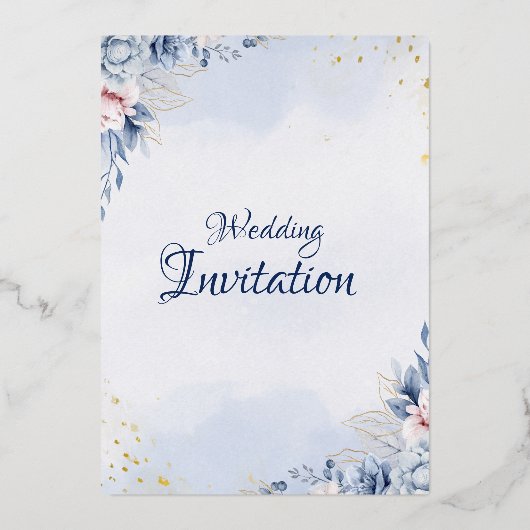 Elegante Blue Floral Wedding Party Folieneinladung (Rückseite)