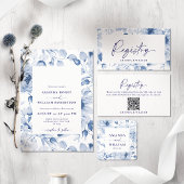 Elegante Blue Floral Wedding Registry Card mit QR Begleitkarte