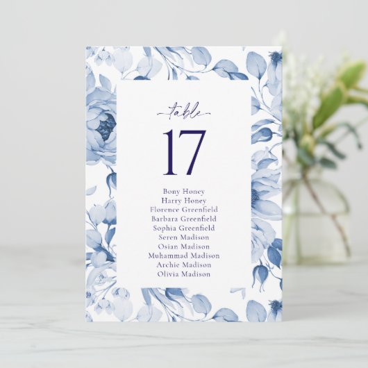 Elegante Blue Floral Wedding Tischnummer Card (Stehend Vorderseite)