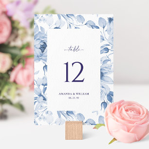 Elegante Blue Floral Wedding Tischnummer Card