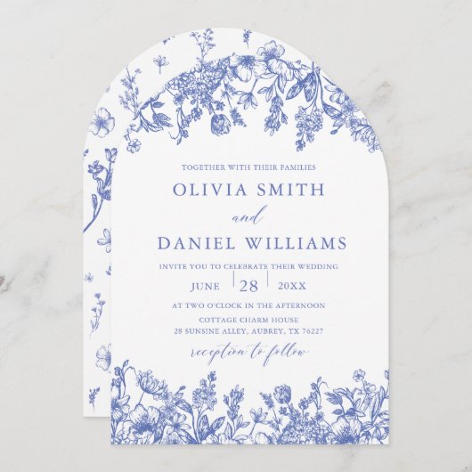 Elegante Blue Floral Wildblume Einladung (Vorne/Hinten)
