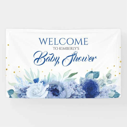 Elegante Blue Flowers Baby Dusche Willkommen Banner (Horizontal)