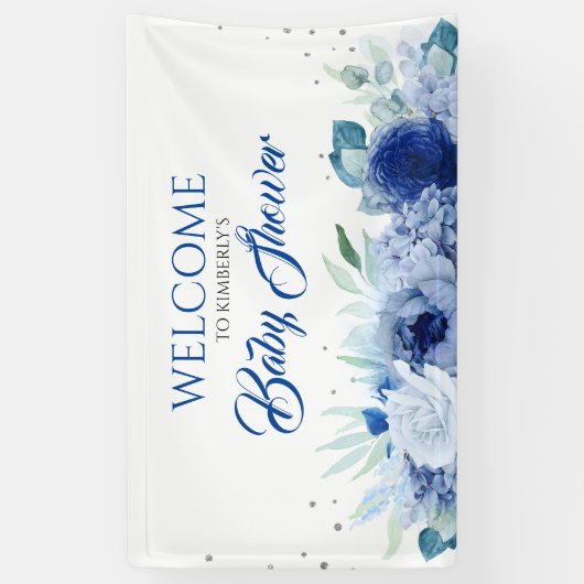 Elegante Blue Flowers Baby Dusche Willkommen Banner (Vertikal)