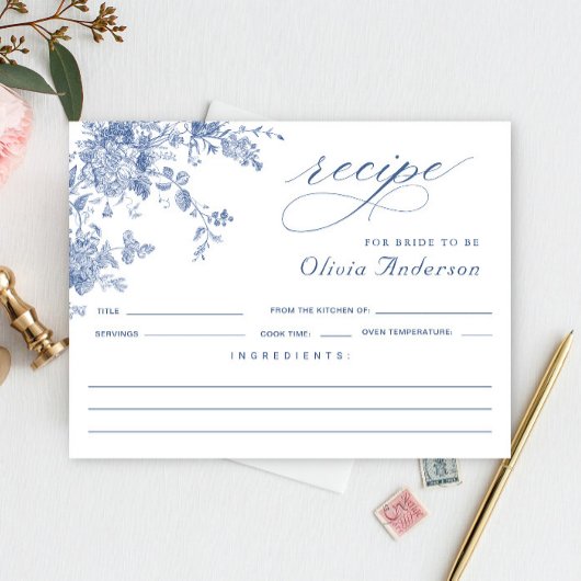 Elegante Blue Flowers Brautparty Rezept Card Postkarte