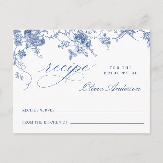 Elegante Blue Flowers Brautparty Rezept Card Postkarte (Vorderseite)