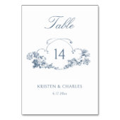 Elegante Blue French Floral Wappen Tischnummer (Vorderseite)