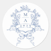 Elegante Blue French Garden Blume Hochzeit Runder Aufkleber (Vorderseite)