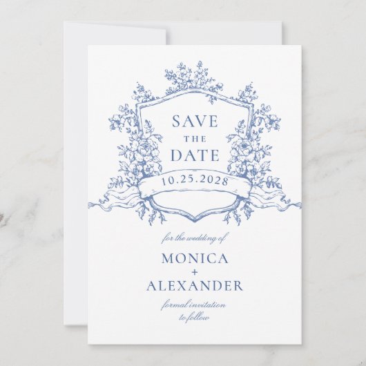 Elegante Blue French Garden Blume Hochzeit Save The Date (Vorderseite)