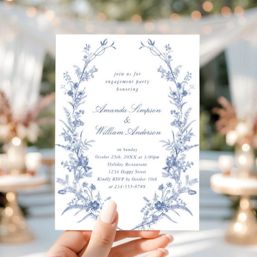 Elegante Blue French Garden Engagement Party Einladung