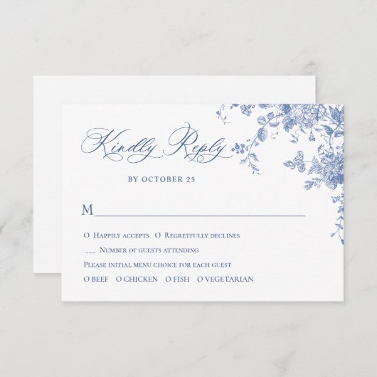 Elegante Blue French Rose Garden RSVP Karte (Vorne/Hinten)