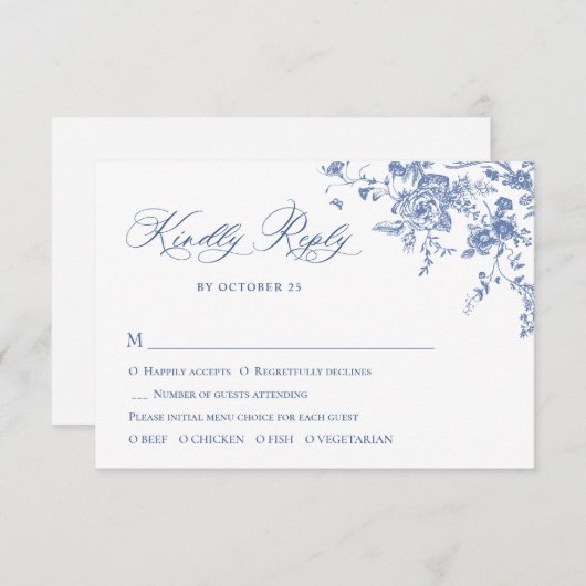 Elegante Blue French Rose Garden RSVP Karte (Vorne/Hinten)