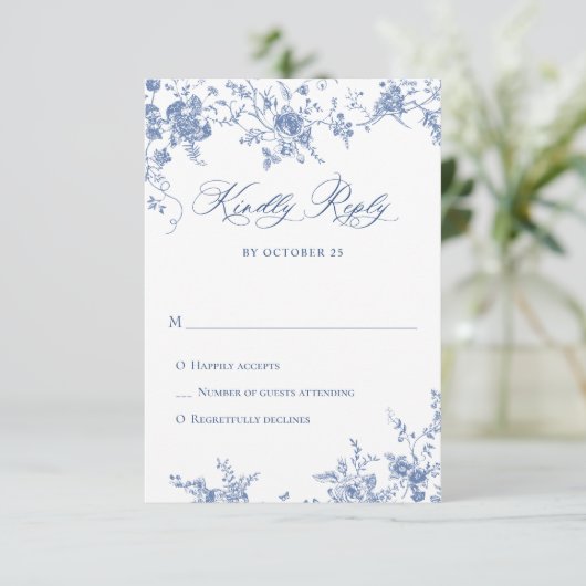 Elegante Blue French Rose Garden RSVP Karte (Stehend Vorderseite)