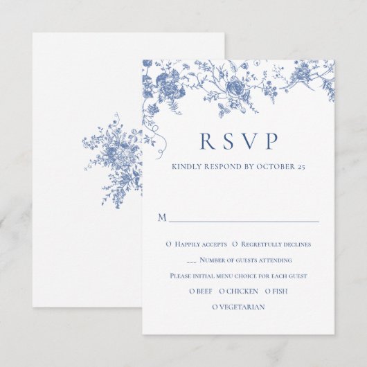 Elegante Blue French Rose Garden RSVP Karte (Vorne/Hinten)