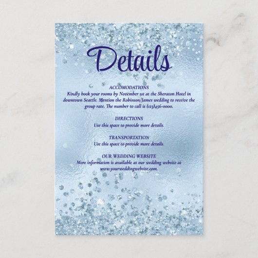Elegante Blue Glitzer und Foil Wedding Details Begleitkarte (Vorderseite)