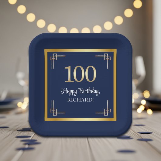 Elegante Blue-Gold-100-Geburtstagsfeier Pappteller