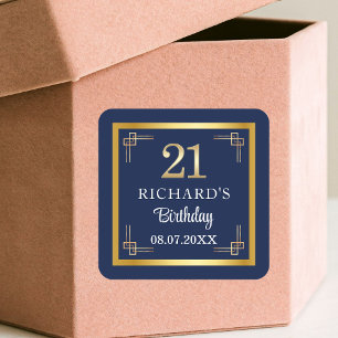 Elegante Blue Gold 21. Geburtstagsfeier Quadratischer Aufkleber