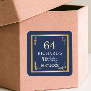 Elegante Blue Gold 64. Geburtstagsfeier Quadratischer Aufkleber