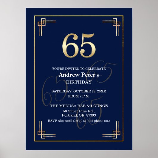 Elegante Blue Gold 65. Geburtstagsfeier Poster (Vorne)