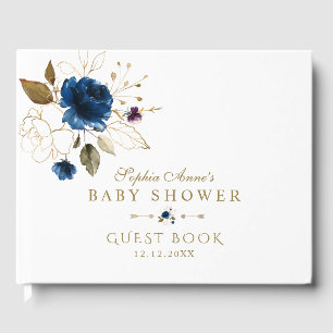 Elegante Blue Gold Blume Baby Shower Gästebuch