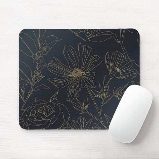 Elegante Blue Gold Blume Botanisch Mousepad (Mit Mouse)