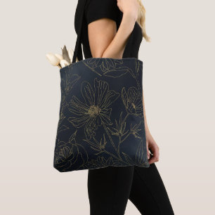 Elegante Blue Gold Blume Botanisch Tasche