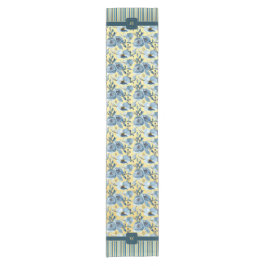 Elegante Blue Gold Blume und Stripe Monogram Kurzer Tischläufer