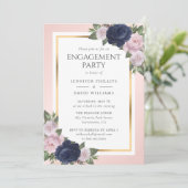 Elegante Blue Gold Blush Engagement Party Einladung (Stehend Vorderseite)