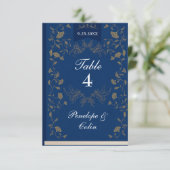 Elegante Blue Gold Book Cover Wedding Tischnummer (Stehend Vorderseite)