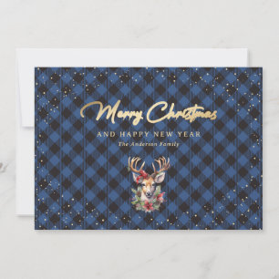 Elegante Blue Gold Buffalo Karierte Weihnachtskart Feiertagskarte