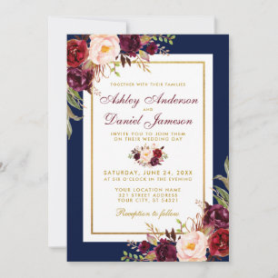Elegante Blue Gold Burgundy Blumenzwiebeln Einladu Einladung
