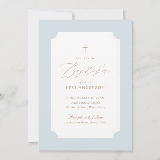 Elegante Blue Gold Cross Boy Taufe Einladung (Vorderseite)