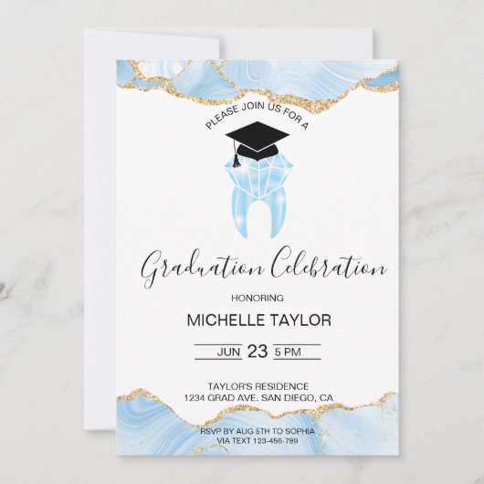 Elegante Blue Gold Dental Dentist Graduation Party Einladung (Vorderseite)