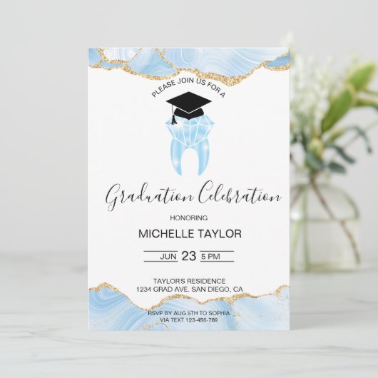 Elegante Blue Gold Dental Dentist Graduation Party Einladung (Stehend Vorderseite)