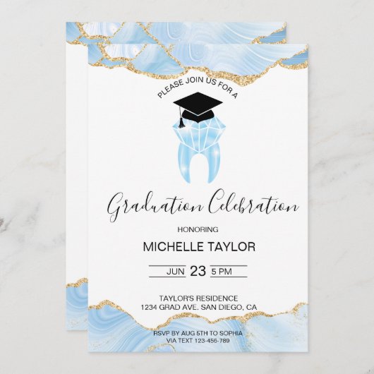 Elegante Blue Gold Dental Dentist Graduation Party Einladung (Vorne/Hinten)