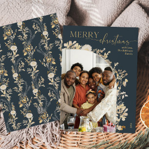 Elegante Blue Gold Floral 1 Foto Weihnachtskarte Feiertagskarte