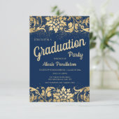 Elegante Blue Gold Floral Glitzer Graduation Party Einladung (Stehend Vorderseite)