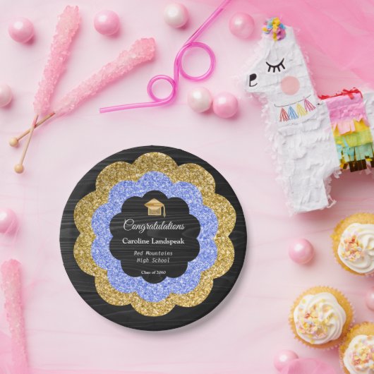 Elegante Blue Gold Floral Graduation Party Pappteller (Party)