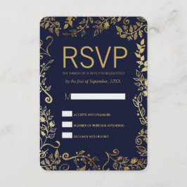 Elegante Blue Gold Floral RSVP Cards