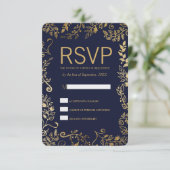 Elegante Blue Gold Floral RSVP Cards (Stehend Vorderseite)