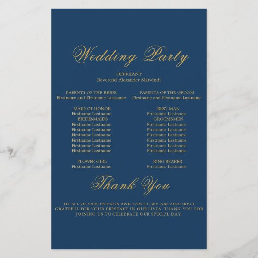 Elegante Blue Gold Frame Wedding Program Card (Rückseite)