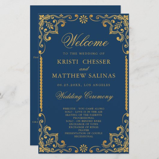 Elegante Blue Gold Frame Wedding Program Card (Vorne/Hinten)