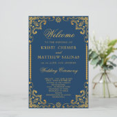 Elegante Blue Gold Frame Wedding Program Card (Stehend Vorderseite)